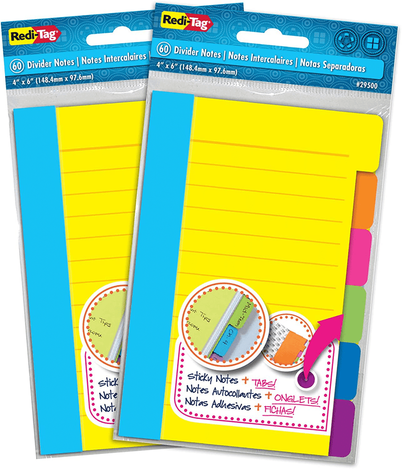 Redi-Tag Divider Sticky Notes, Tabbed Self-Stick Lined Note Pad, 60 Ruled Notes, 4 x 6 Inches, Assorted Neon Colors (29500) Office Supplies > General Office Supplies Redi-Tag 2 Pack  