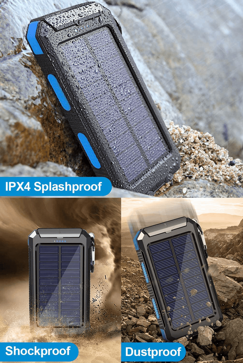 Solar Charger, 20000Mah Portable Outdoor Waterproof Solar Power Bank, Camping External Backup Battery Pack Dual 5V USB Ports Output, 2 Led Light Flashlight with Compass (Blue) Sporting Goods > Outdoor Recreation > Camping & Hiking > Camping Tools Suscell   