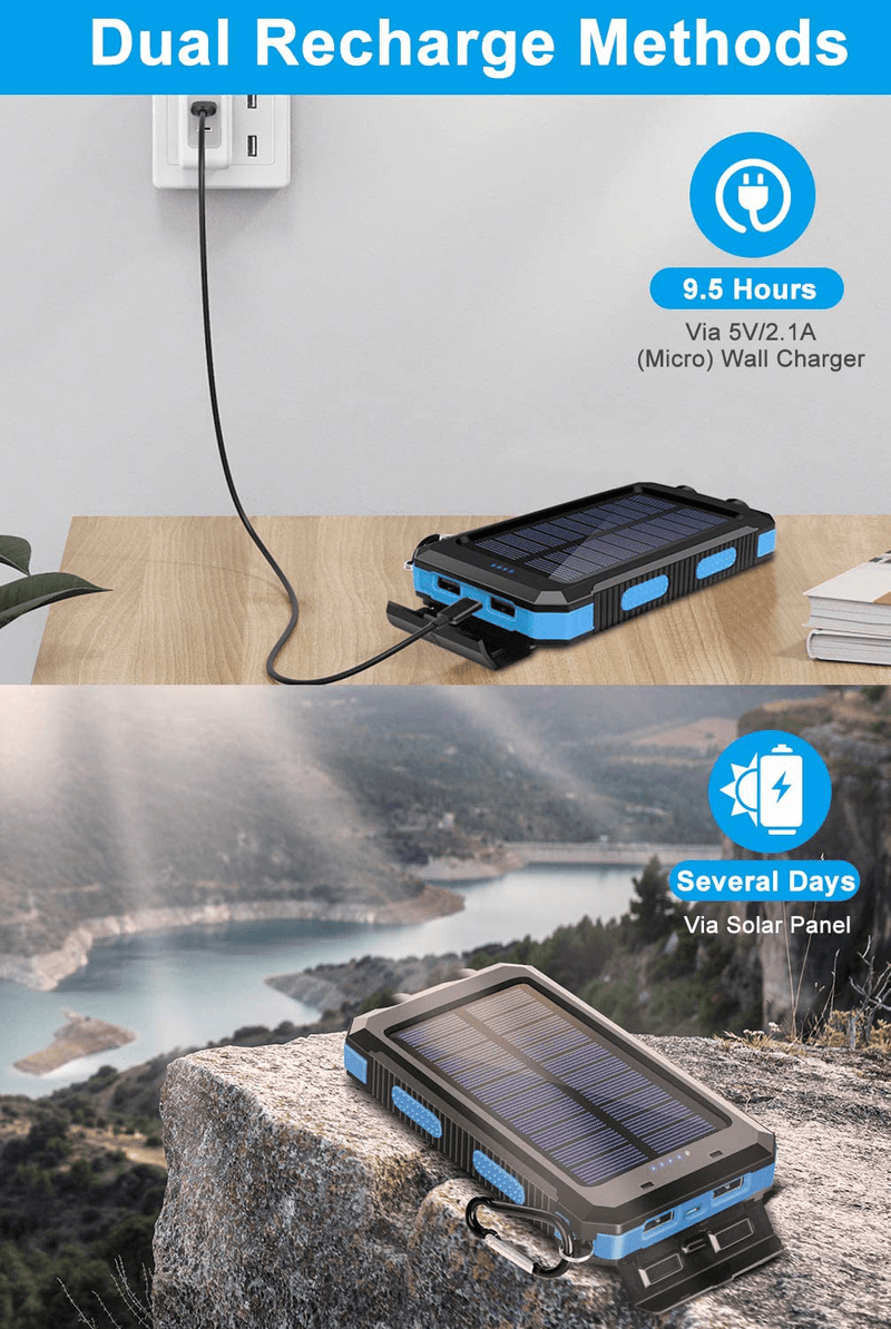 Solar Charger, 20000Mah Portable Outdoor Waterproof Solar Power Bank, Camping External Backup Battery Pack Dual 5V USB Ports Output, 2 Led Light Flashlight with Compass (Blue) Sporting Goods > Outdoor Recreation > Camping & Hiking > Camping Tools Suscell   