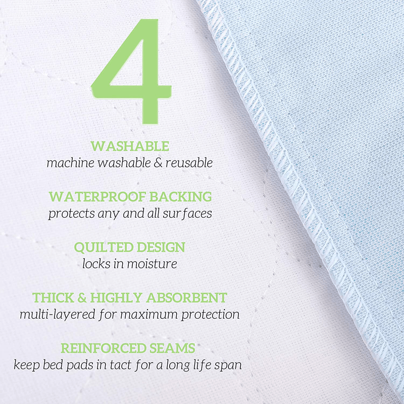 Washable Underpads, Pack of 4 Large Bed Pads, 30" x 34", for use as Incontinence Bed Pads, Reusable pet Pads, Great for Dogs, Cats, Bunny & Seniors by Green Lifestyle (4 Pack 30x34) Animals & Pet Supplies > Pet Supplies > Dog Supplies > Dog Diaper Pads & Liners GREEN LIFESTYLE   