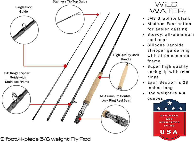 Wild Water Fly Fishing 9 Foot, 4-Piece, 5/6 Weight Fly Rod Complete Fly Fishing Rod and Reel Combo Starter Package Sporting Goods > Outdoor Recreation > Fishing > Fishing Rods Wild Water   