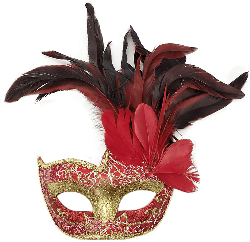 Women's Feather Masquerade Mask Venetian Halloween Mardi Gras Costumes Party Ball Prom Mask Apparel & Accessories > Costumes & Accessories > Masks Antjoint Red  
