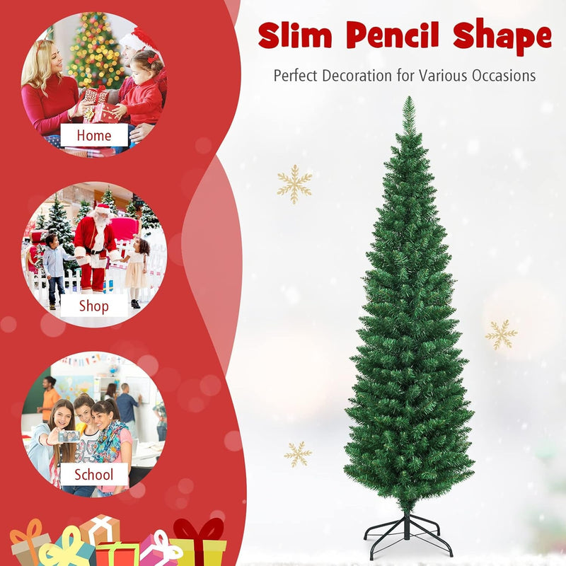 Artificial Pencil Christmas Tree, Premium Hinged Pine Tree with Solid Metal Legs, Perfect for Home, Shops and Holiday Decoration, Green (6FT)