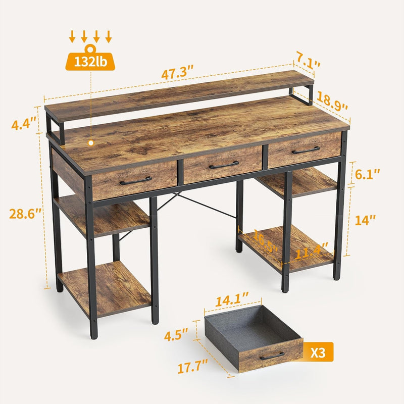 Cubicubi 47 Inch Computer Desk with 3 Drawers and Storage Shelves, Small Home Office Desk with Monitor Stand, Study Writing Table for Bedroom, Rustic Brown