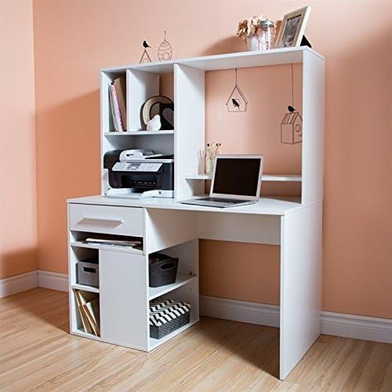 BOWERY HILL Modern Computer Desk for Bedroom, Small Writing Desk with Drawers and Shelves for Home Office, White