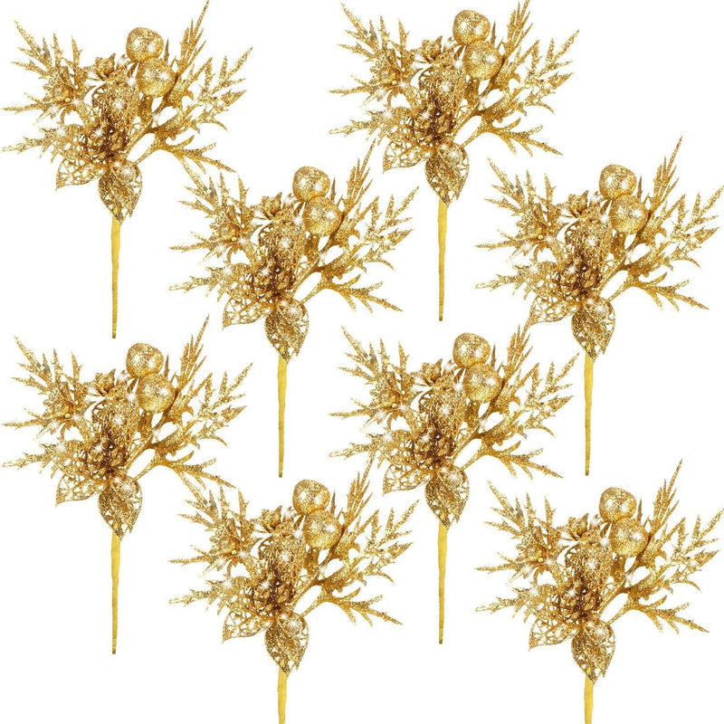 Gejoy 8 Pcs Glitter Christmas Picks with Faux Flower Artificial Leaves Christmas Tree Picks Ornament for Christmas Tree Xmas Wreath Garland Crafts Holiday Wedding Home Decorations, 7.8 Inch(Gold)