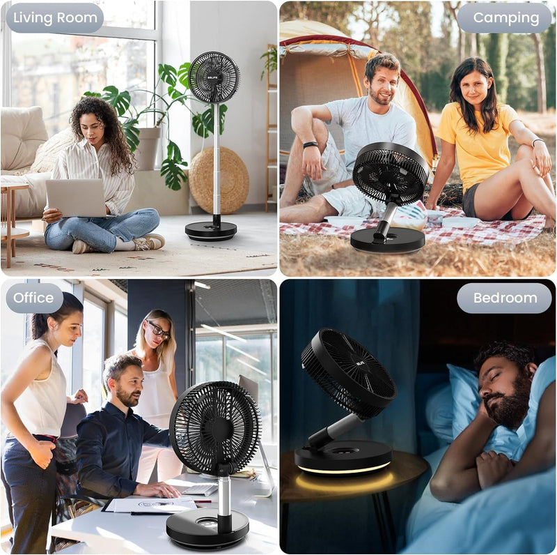 Belife X10 Portable Fan, Cordless 7200Mah Battery Operated Oscillating Fan, USB Rechargeable Desk Floor Fan with Remote & Timer & Light, Foldable Telescopic Fan for Home Bedroom Travel Camping (Black)