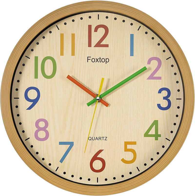 Foxtop Silent Kids Wall Clock 12 Inch Non-Ticking Battery Operated Colorful Childrens Clock for Classroom Playroom Nursery Bedrooms Kids Room School