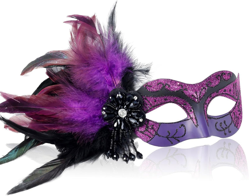 2024 New Blue and Black Masquerade Mask for Women with Feathers - Womens Mascarade Venetian Mask for Masquerade Party, Mardi Gras, Halloween Cosplay Prom, Christmas