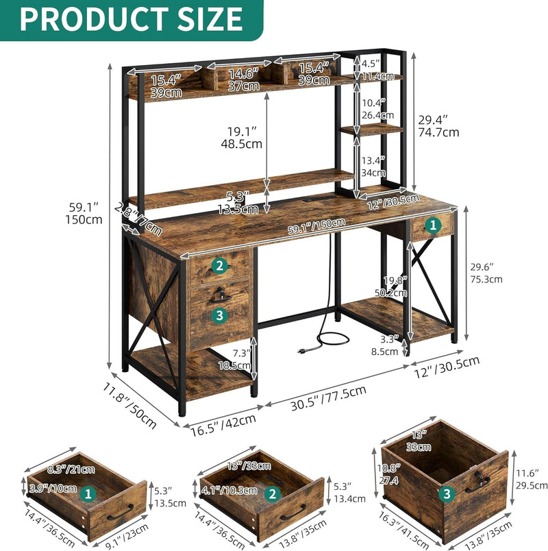 DWVO Computer Desk with Drawers & Hutch, 59.1" Office Desk with Power Outlets & LED Lights, Home Office Desk with Storage Shelves, Rustic Brown