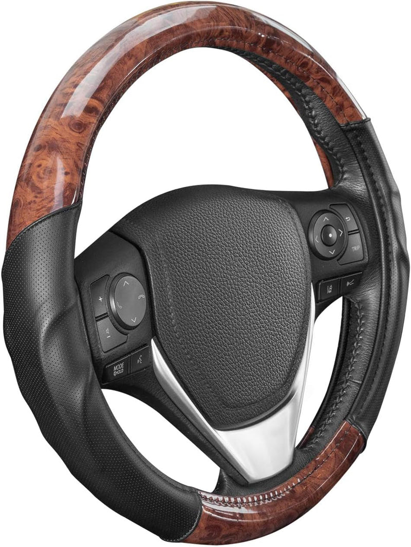 BDK Dark Wood Grain Car Steering Wheel Cover, Standard 15 Inch with Beige Faux Leather Grip, Made to Fit Most Auto Truck Van SUV