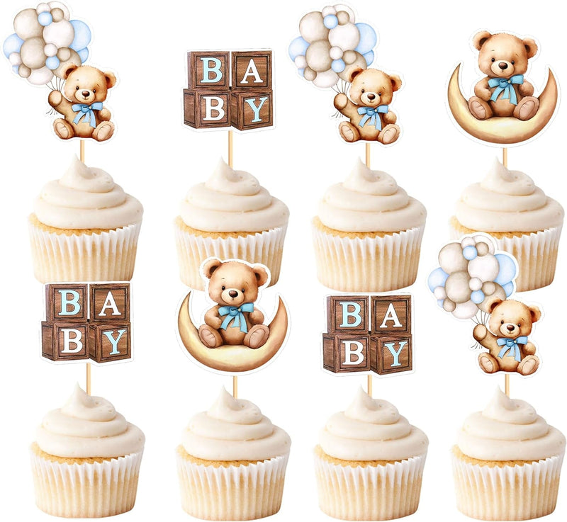 36 PCS Baby Shower Bear Cupcake Toppers Selection Baby Bear Theme Baby Shower Decorative Supplies Jungle Animal Theme Baby Shower Birthday Party Cake Decorative Supplies Blue