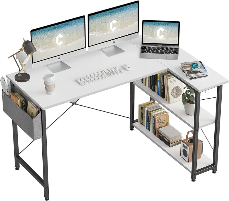 BANTI L Shaped Small Computer Desk with Storage Shelves, 55" Home Office Small Corner Desk Study Writing Table, White Top/Black Frame