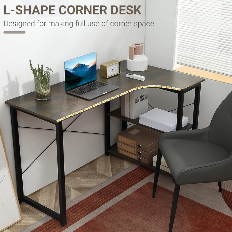 HOMCOM Industrial L-Shaped Computer Desk with 2 Side Shelves and Steel Frame, Corner Desk, Study Workstation for Home Office, Dark Grey