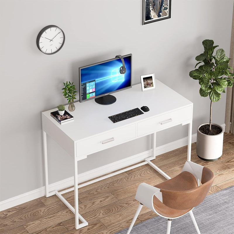 Computer Desk with 2 Drawers, Modern Study Writing Table with Storage for Home Office White+Gold Not Included Mirror