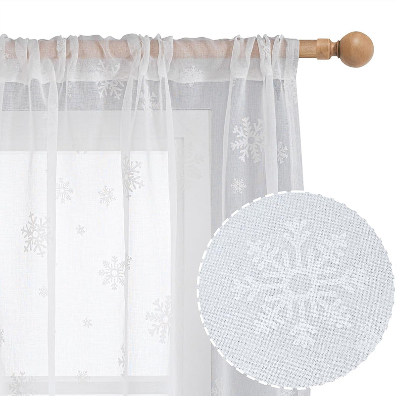 Bgment Christmas Curtains for Living Room 84 Inch Length 2 Panels Set, Snowflake Linen Look Sheer White Curtains Rod Pocket Window Curtains for Dining Room Xmas Holiday Decoration, Set of 52 X 84 Inch