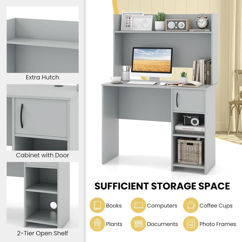 COSTWAY Computer Desk with Hutch, Home Office Desk with Adjustable Shelf, Modern Writing Table, PC Desk with CPU Stand & Door Cabinet, 2 Cable Management Holes, Workstation for Bedroom, Study, Office