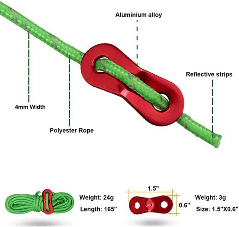 6 Pack Reflective Guyline Tent Rope with Aluminum Adjuster, Tent Kit for Camping Tent & Hiking Accessories - 4Mm Thick and 4 Metre Length