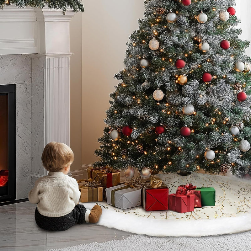 48 Inches Christmas Tree Skirt,White and Gold Christmas Tree Skirt,Faux Fur Plush Xmas Tree Skirt,Thick Tree Skirt Trees,Velvet Rugs for Christmas Tree