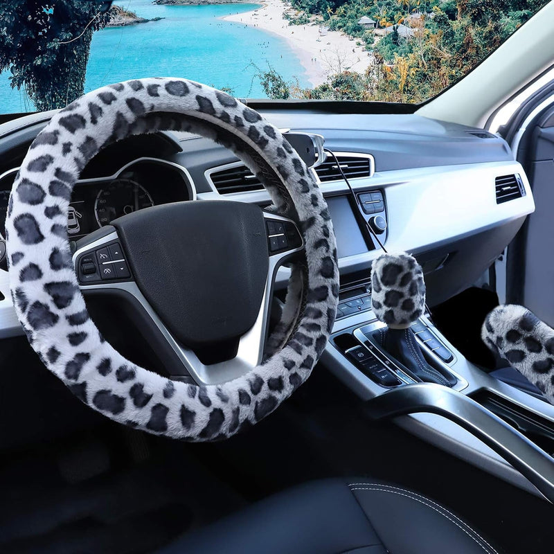 Fuzzy Steering Wheel Cover for Women Girls, Accmor Universal Fit Fur Car Wheel Cover & Handbrake Cover & Gear Shift Cover Set, Leopard Winter Warm Fluffy Vehicle Wheel Protector for Auto, SUV