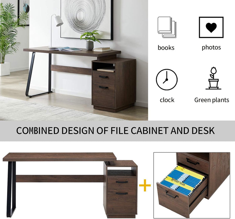 Home Office Computer Desk with Drawers/Hanging Letter-Size Files/65 Inch Writing Study Table with Drawers