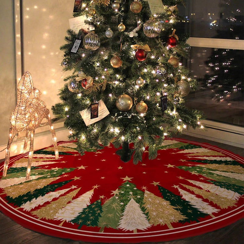 CROWNED BEAUTY Christmas Tree Skirt Collar 48 Inch Xmas Pine Trees Soft Farmhouse Holiday Decoration (Red & Green) TS31