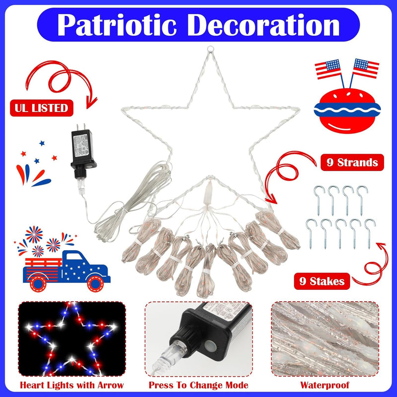 12Ft 4Th of July Decor Light 357 LED 8 Modes Plug in Curtain Lights Red White and Blue String Lights Patriotic Star Light for Independence Day Indoor Outdoor Veterans Memorial Day Party Decor