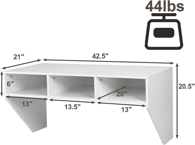 Computer Floating, Home Office Working, 42.5” Laptop Table Writing W/Storage Shelves, Modern Console Media Cabinet Wall Mounted Desk Hutch, White