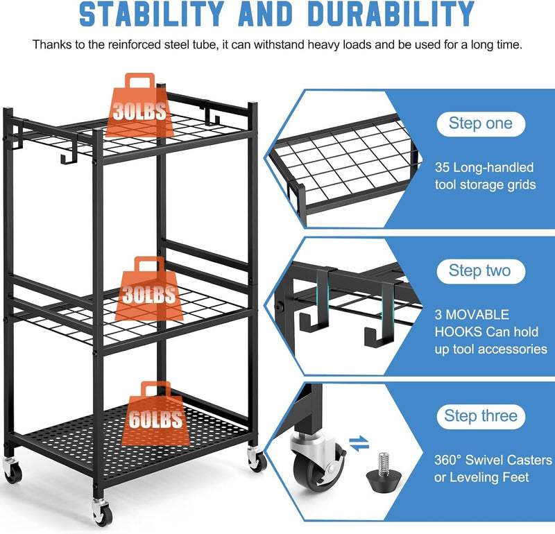 Garden Tool Organizer with Wheels, Yard Tool Tower Rack for Garage Organization and Storage, up to 35 Long-Handled Tools, Sturdy Metal Steel Tool Holder with 3 Hooks, Outdoor, Black