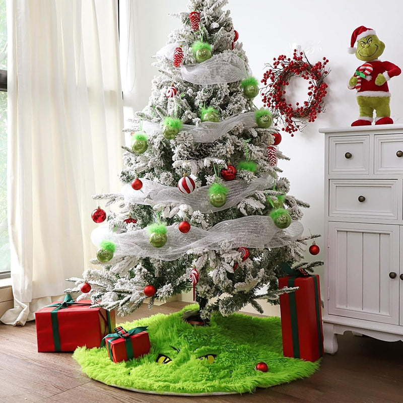 Christmas Tree Skirt: 36 Inch Faux Fur Christmas Spirit Tree Skirt with Funny Green Face, Lush Green Fuzzy Textured Tree Dress, Soft Christmas Décor for Artificial Trees Home Gifts Party