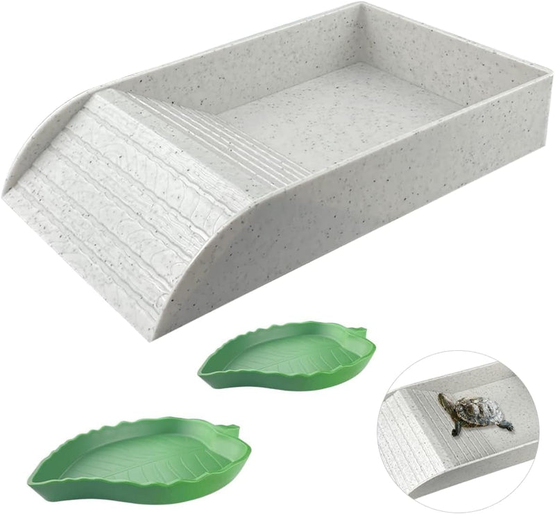 3 PCS Tortoise Food Dish with Ramp and Tortoise Water Bowl,Gray Reptile Water Bowl,Reptile Water Dish Amphibians Habitat,Reptile Water Bowl for Turtles,Horned Frogs and Lizards