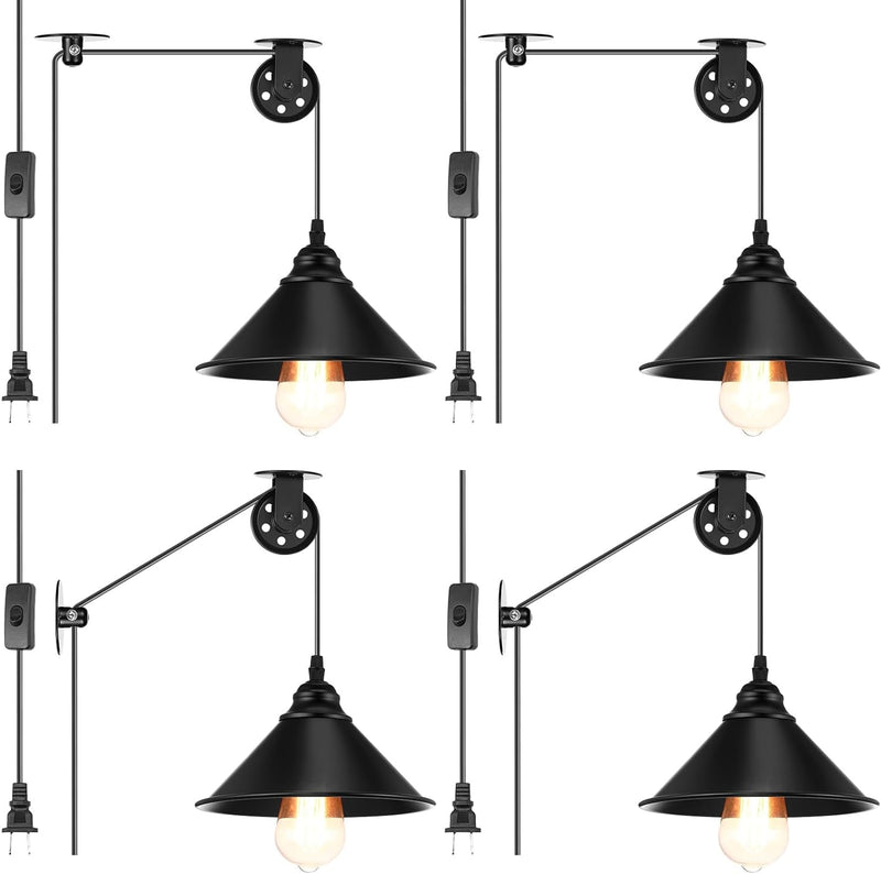 4 Pack Plug in Pendant Light Pulley Pendant Lighting Black Industrial Hanging Light with Plug in Cord 14.76 Ft On/Off Switch Adjustable Pulley Wall Light for Bedroom Restaurant Kitchen