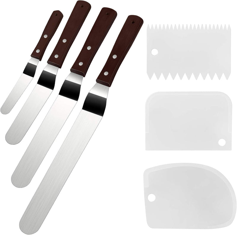 4 Packs Offset Spatula, Stainless Steel Cake Icing Spatula Set 4” 6” 8” 10”With Wooden Handle and 3 Packs Cake Smoother Scraper Set for Cake Decorating, Baking (Angled)