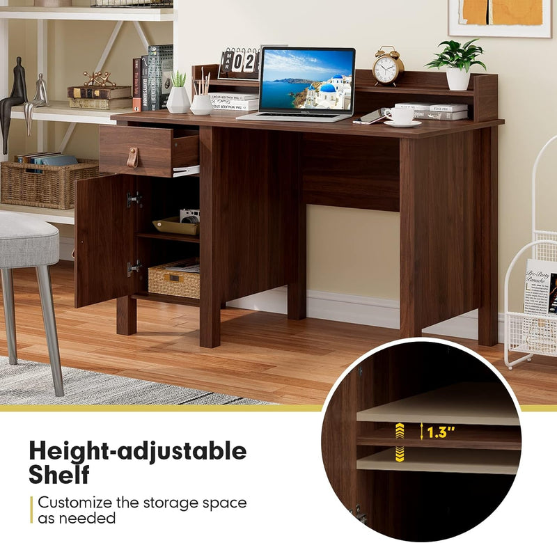 Computer Desk with Hutch, Modern Office Desk with Drawer and Cabinet, Wooden Writing Desk for Home Office, Small Computer Desk for Small Spaces (Brown)