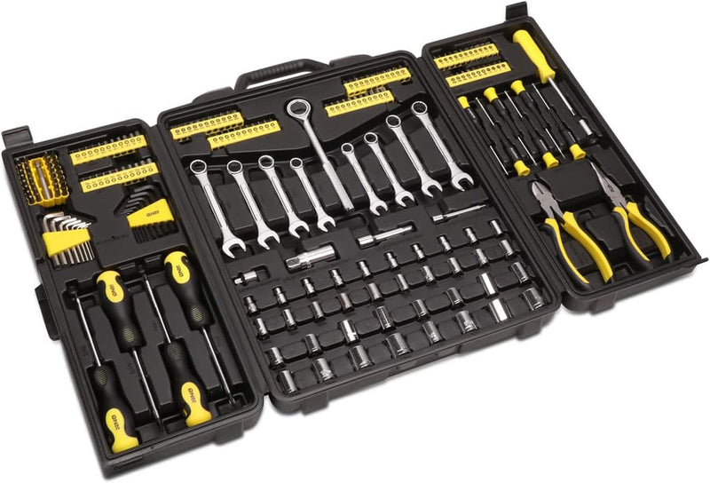 DNA Motoring TOOLS-00029 16 Piece Mechanic'S Home Repair Tool Set with Carrying Case, Includes Pliers, Wrench, Hex Key, Screwdriver, Spirit Level, and Tape Measurer, 1 Set, Yellow/Black