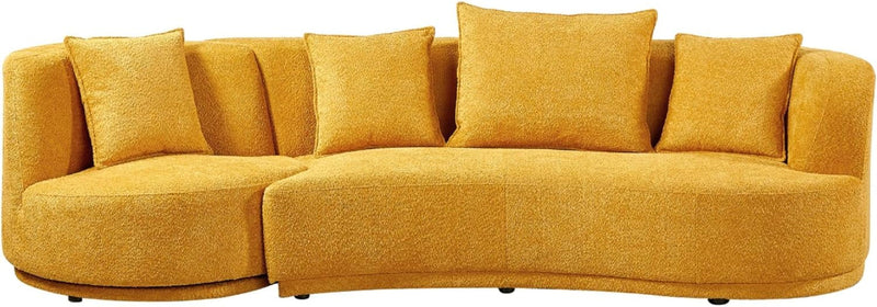 110" Cloud Curved Sofa for Living Room Mid-Century Sofa with 360 Degree Swivel Chair 4 Throw Pillows Comfy Boucle Couch, Luxury 5-Seat Leisure Deap Seat Sectional Sofá Yellow