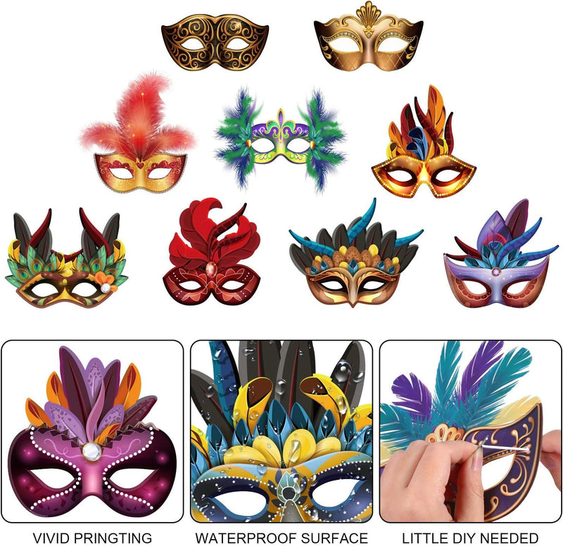 Blulu Mardi Gras Masks Paper Masks Carnival Parade Faux Feather Face Masks Masquerade Party New Orleans Novelty Masks Fantasy for Women Man Costume Party Favors (12 Pcs)