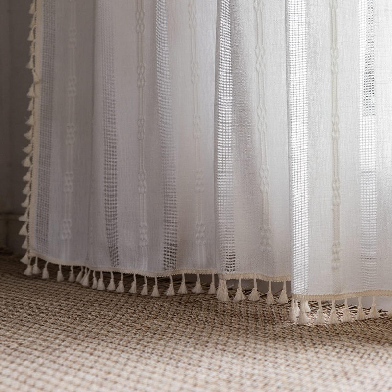 Boho Curtains for Bedroom Embroidery Striped Farmhouse Curtains 63 Inch Length 2 Pannels for Living Room off White Linen Curtains Semi Sheer Curtains Rod Pocket Drapes(52" W X 63" L,White)