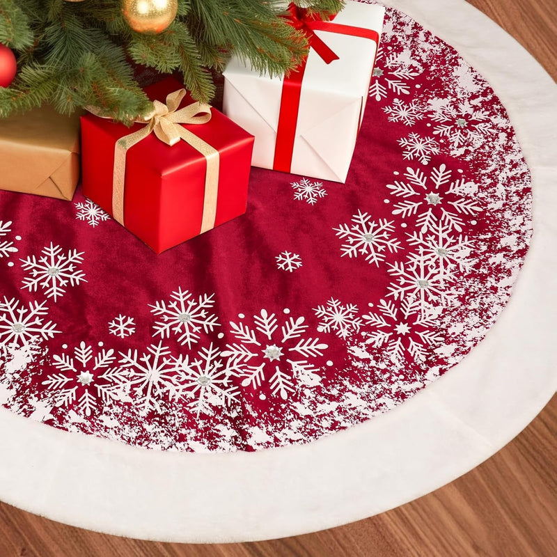 Christmas Tree Skirt, 32 Inch Red Velvet Tree Skirt with Embroidered Reindeer Moose Snowflakes White Trim Border, Holiday Party Tree Decorations