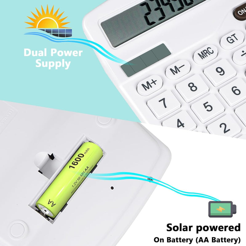 Cute White Desktop Calculator with Big Buttons, Dual Power Source, Solar and Battery, Large Display Screen - Perfect for Office, Teachers, and Students (White)