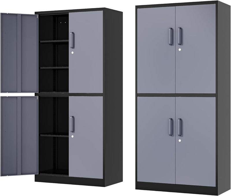 71” Metal Storage Cabinet-Lockable File Cabinet Garage Tool Cabinet with Doors and Shelves- Gray&Black Steel Cabinet for Garage-Heavy Duty File Cabinet for Home, Office, Gym, Kitchen, School
