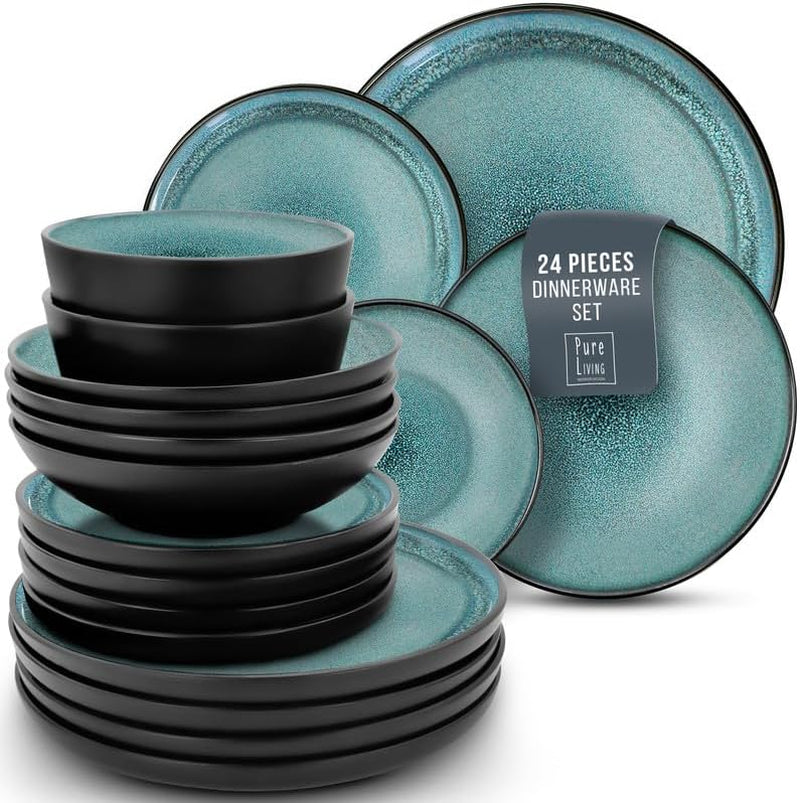 12 Piece Dinnerware Sets for 4 - Modern Style Stoneware Dinnerware Set - Scratch Resistant, Dishwasher Safe Plates and Bowls Sets Ceramic, Dish Set, Bowl and Plate Set - Black and Petrol Blue