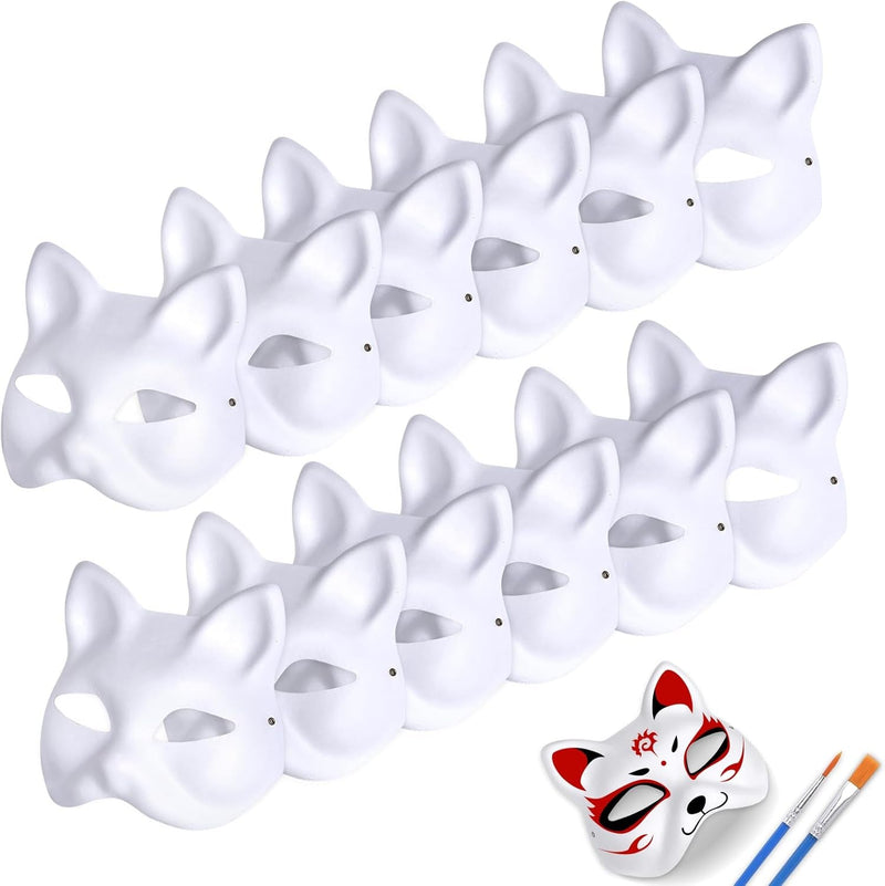 Cat Mask Therian Masks White Paper Cat Masks to Paint Blank Cat Therian Masks for Kids DIY Craft Masquerade Costume Cosplay Party Halloween （12 Pcs）