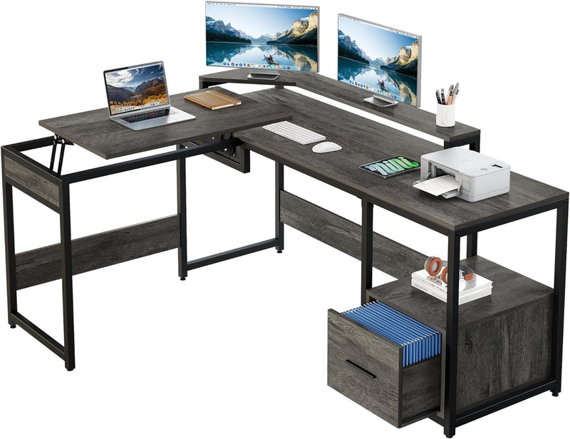 DWVO L Shaped Desk with Lift Top, 65" Adjustable Standing Desk with File Drawer, Corner Computer Desk with Storage Shelves,Home Office Desk, Grey