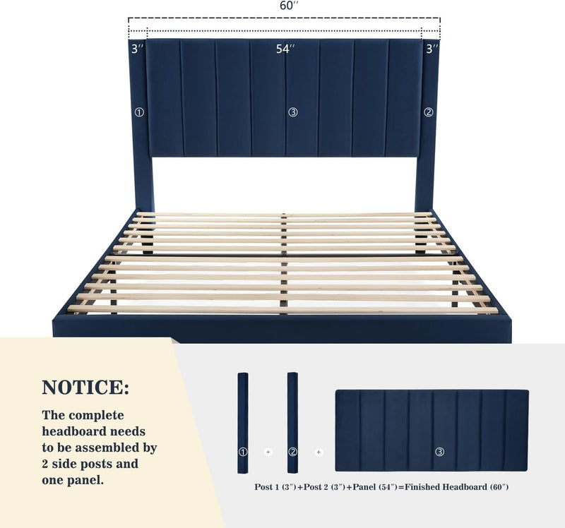 Allewie Queen Platform Bed Frame/Velvet Upholstered Bed Frame with Vertical Channel Tufted Headboard/Strong Wooden Slats/Mattress Foundation/Box Spring Optional/Easy Assembly/Navy Blue