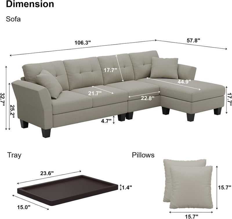Belffin Convertible Sectional Couch Velvet L Shaped Sofa 4 Seat Sofa with Chaise L-Shaped Couches Reversible Sectional Sofa Grey