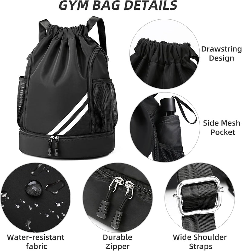 Drawstring Backpack Bag Beach Sports Yoga Gym Bag with Side Mesh Pockets, Basketball Bag with Shoes Compartment for Women Men