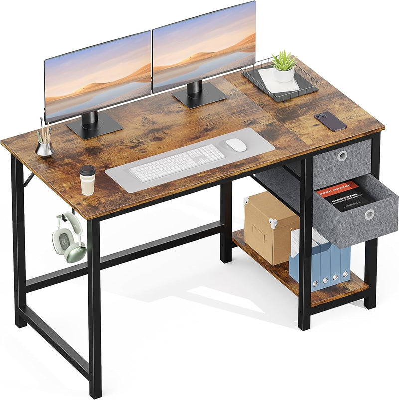 DUMOS Computer Desk with Drawers 48 Inch Office Bedroom Kids Writing Work Study 2-Tier Storage Drawers & Shelf Simple Modern Wood PC Table