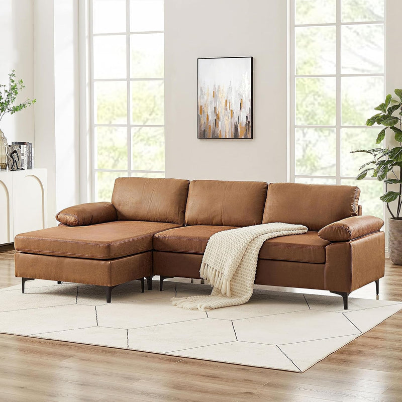 100" Sectional Sofa, Faux Leather Mid-Century Modern Reversible Couch, L Shaped 3-Seat Sofa Couch with Chaise for Living Room, Saddle Brown