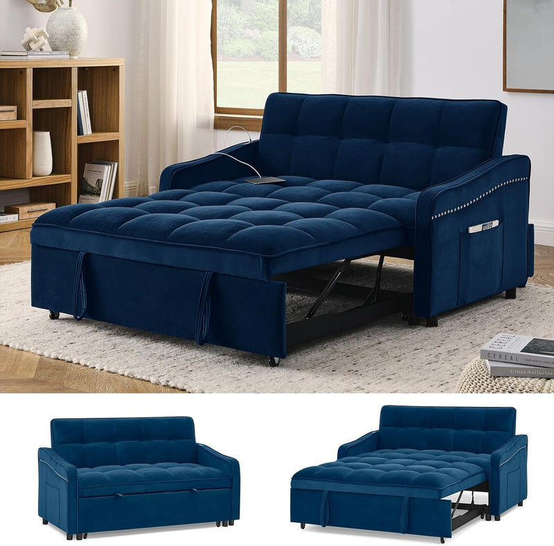 3 in 1 Convertible Loveseat Sleeper Bed Sofa Small Couch Modern Velvet Chaise Longue Daybed with Pockets and Pillows for Small Living Room,Bedroom,Apartment (Black 3)